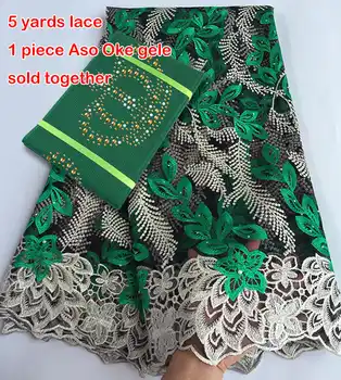 5 yards African French lace Tulle Fabric Guipure borders Matching Crown ASO OKE Headtie Full Length Head Tie Gele Headscarf