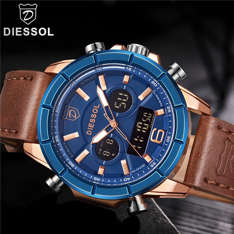 

DIESSOL New Watches Men Luxury Brand Top Quartz Watch Men Leather Casual Military Waterproof LED Digital Watch Relogio Masculino