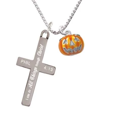 Small Orange Jack O'Lantern with Stem - I Can Do All Things - Cross Necklace (1)