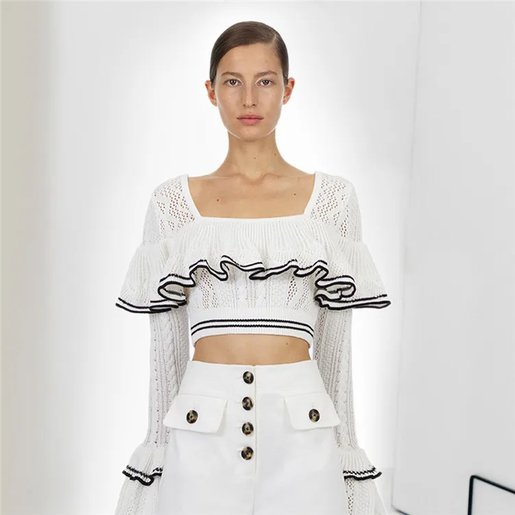 2019 Spring New White Square Collar Horn Sleeve Short Knitted Sweater Pullovers Square Computer Knitted Cashmere Sweater Women