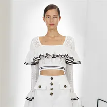 2019 Spring New White Square Collar Horn Sleeve Short Knitted Sweater Pullovers Square Computer Knitted Cashmere Sweater Women