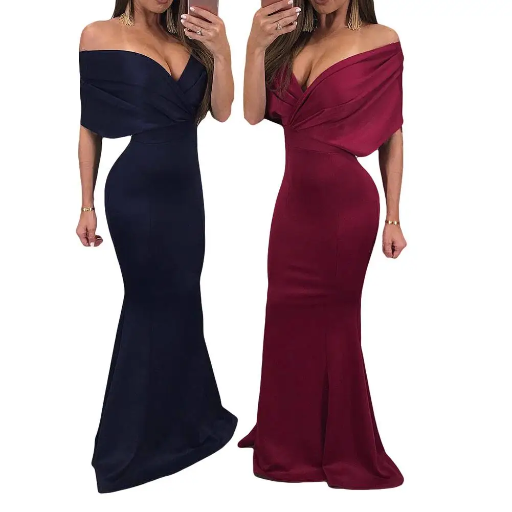 

Women Solid Color Bodycon Off Shoulder Evening Party Long Maxi Dress