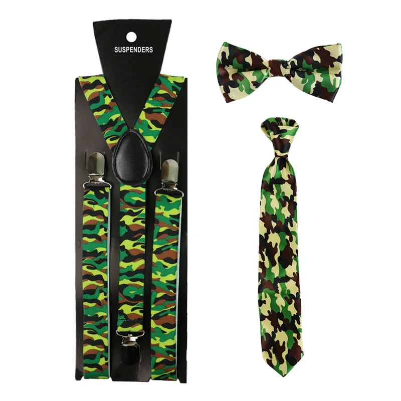 

Army Green camouflage Color Print Suspenders Necktie And Bowtie Set Clip-on Elastic Y-Shape Back Braces Suspenders For Women Men