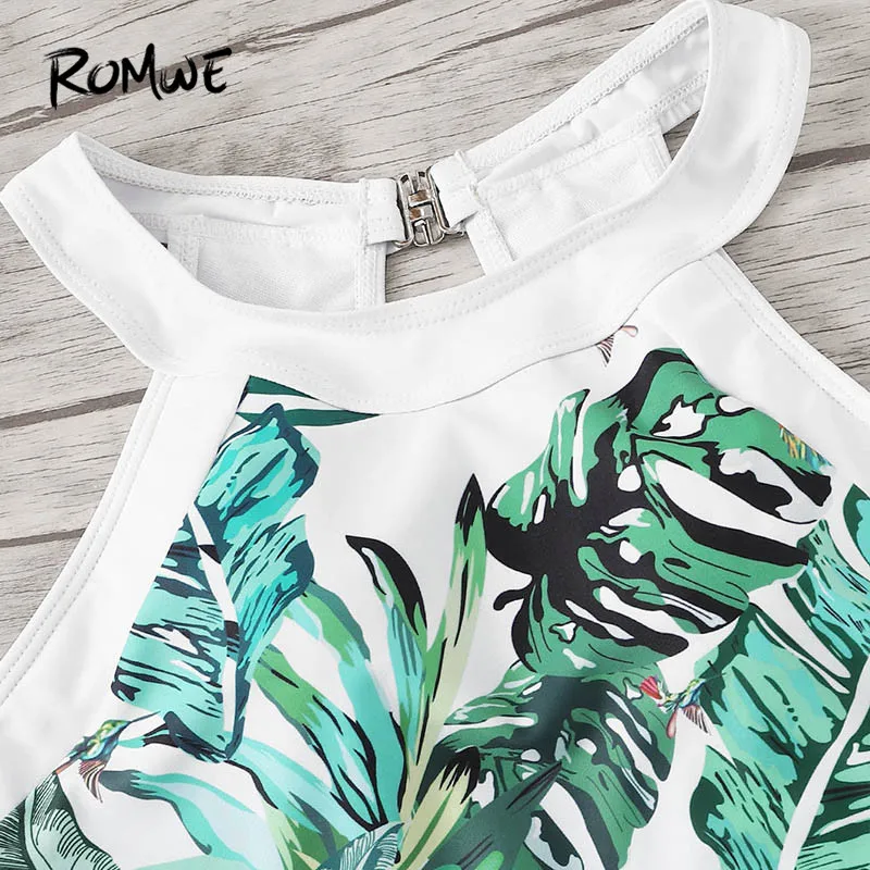 Romwe Sport Jungle Leaf Monokinis купальные костюмы с вырезами по бокам, цельный пляжный купальник, женский летний сексуальный топ с бретелькой через шею, купальники