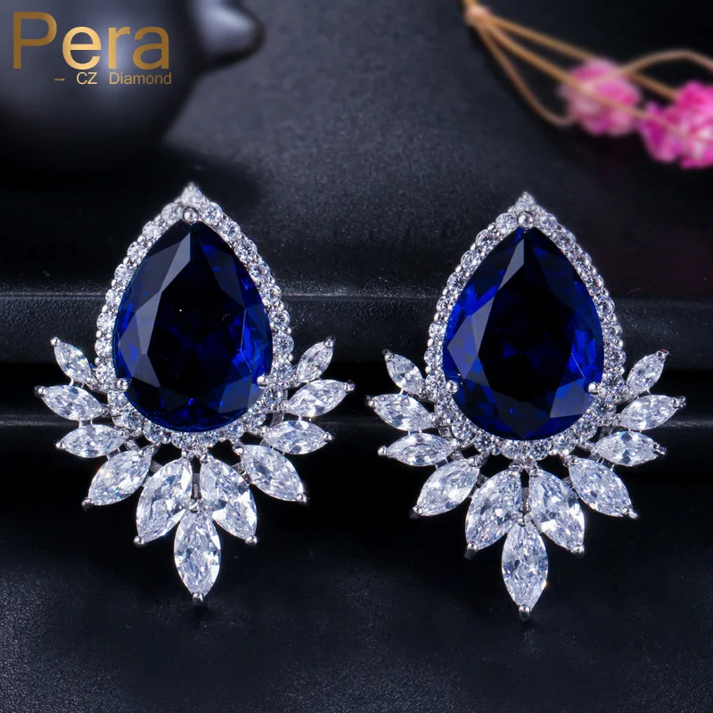 

Pera European Style Marquise Cubic Zirconia Stone Paved Setting Women Party Big Stud Blue Earrings With White Gold Color E245