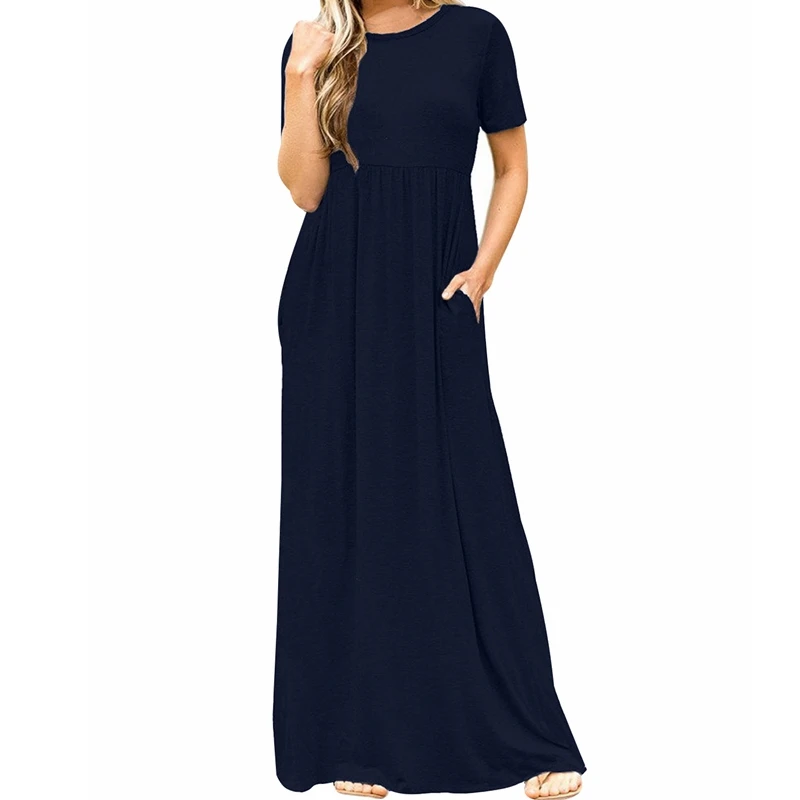 

7 Color Women Short Sleeve Maxi Dress Loose Causal High Waist Plain Solid Color Holiday Long Beach T Shirt Dress Vestidos