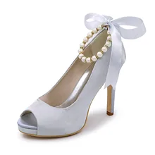 Pearls ankle strap ribbon tie women open toe wedding shoes peep toe platform lady pink royal blue dress quinceanera ivory shoes