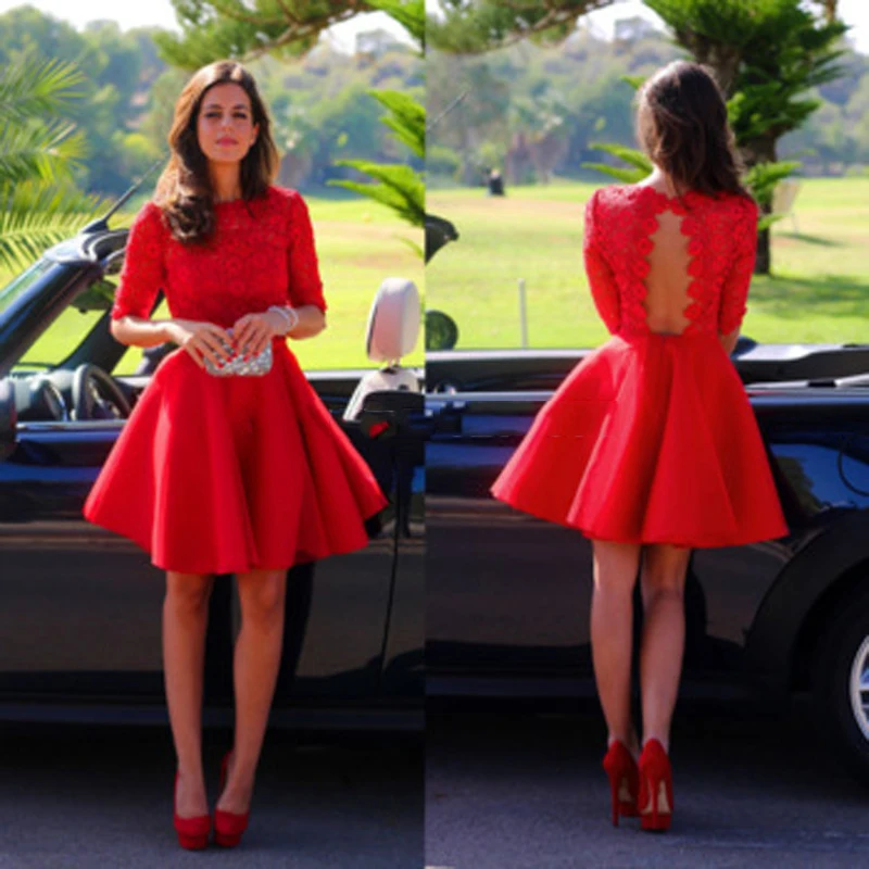 Charming Red Short Prom Dress Graduation Dress 2016 Half Sleeve Open