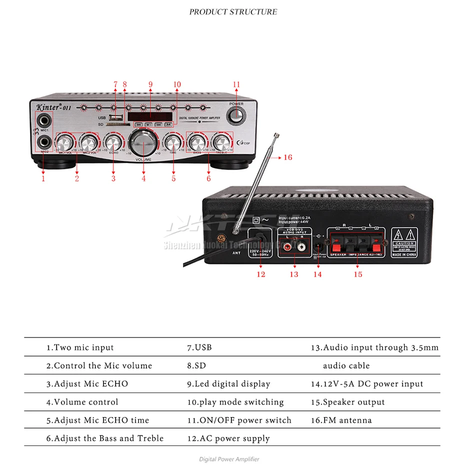 Автомобильный усилитель мощности Kinter-011 цифровой аудио плеер 2CH 30 Вт Hi-Fi стерео DSP AUX VCD DVD FM MIC1 MIC2 VOL тон караоке эхо время