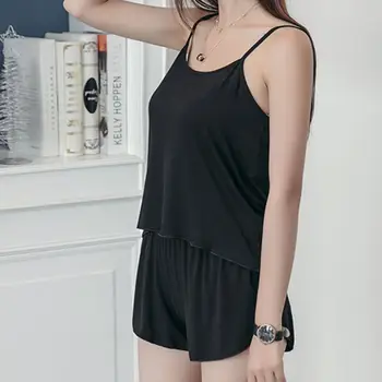 

Minimalist Women Summer Sleeveless Pajamas Set Solid Color Sexy Tank Top Camisole Curved Hem Shorts Sleepwear Sling Loungewear