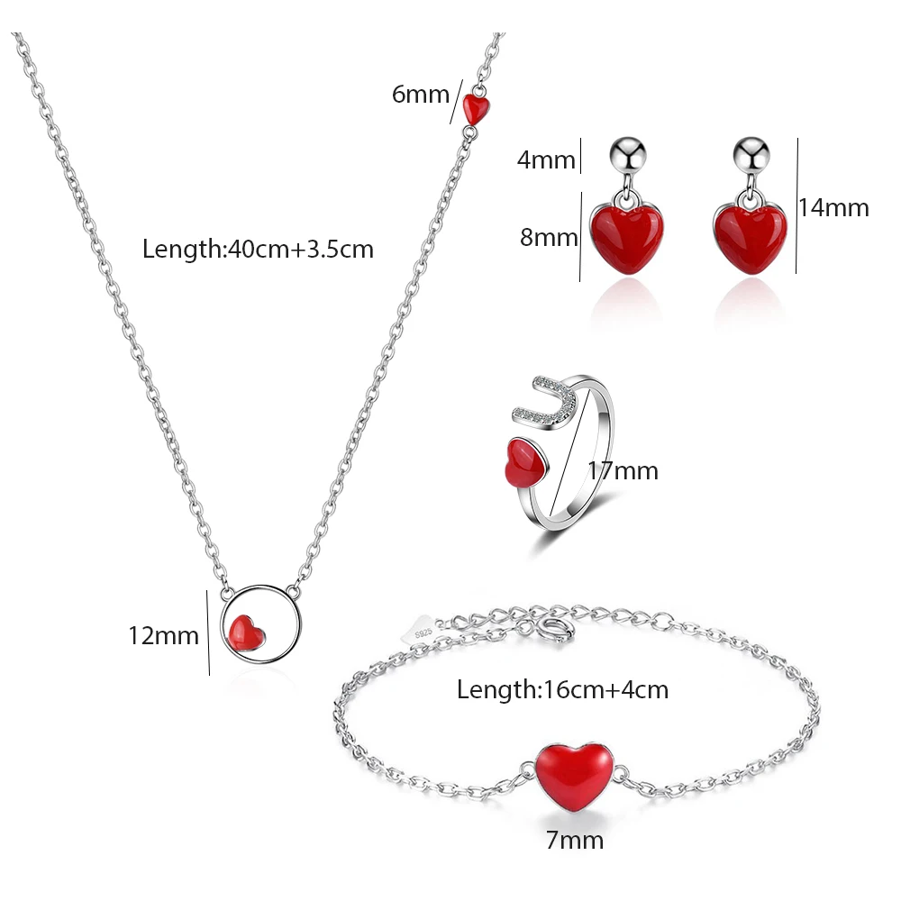 ANENJERY 925 пробы Серебряные Ювелирные наборы 4 стиля ожерелье Красное сердце+ серьги+ кольцо+ браслет для женщин подарок для девочек - Окраска металла: S(N309E496B130R250)
