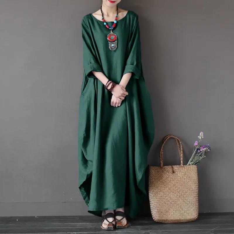 Tanie 2019 ZANZEA damska Crewneck 3 4 rękaw Baggy Maxi długa sukienka koszulowa w stylu casual, imprezowa Kaftan jednolita szata Vestido Plus Size sukienki