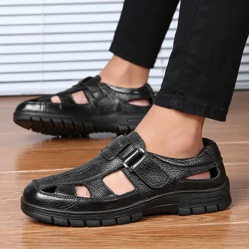

men fashion large size breathable cow leather sandals outdoor flat platform summer beach shoes covers toe sandal sandalia zapato