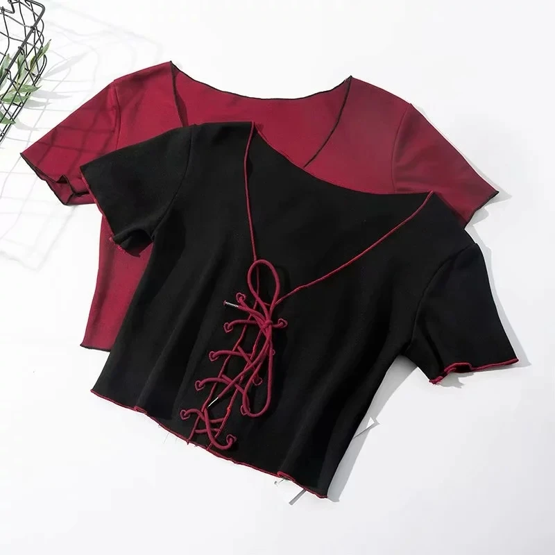 المرأة الخامس الرقبة الدانتيل يصل الجبهة المحملة قصيرة الأكمام المحاصيل أعلى المرأة الخامس الرقبة الدانتيل يصل الجبهة المحملة قصيرة الأكمام المحاصيل أعلى