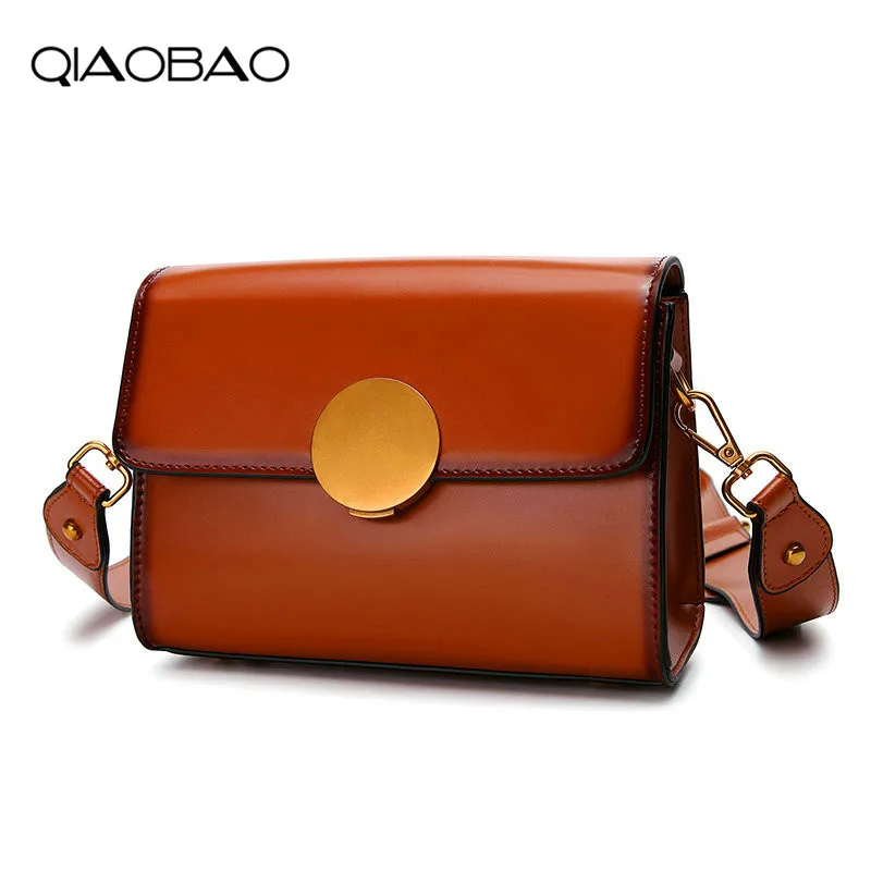 

QIAOBAO 2019 new Cowhide handbags Europe retro handbags Genuine Leather square package round button spray Messenger bag fashion
