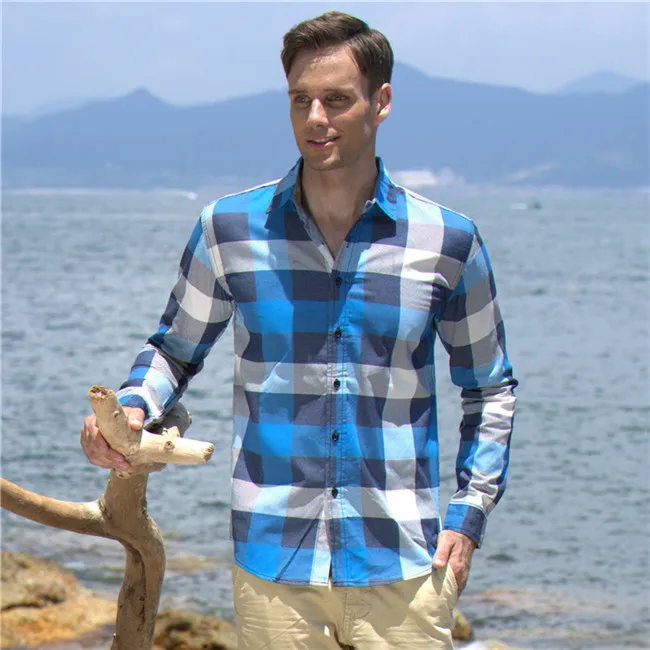 

Euro Size Fashion Mens Casual Shirt Plaid Long Sleeve Dress Shirts Gray White Blue Simple Single Breasted Slim Fit N088