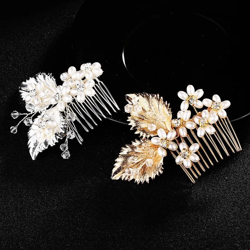 

Fashion Gold Silver Color Rhinestone Pearls Blossom Headpieces Wedding Hair Comb for Bridal Party Hairstyle