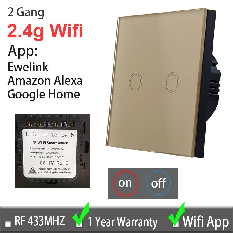 Сенсорный переключатель Ewelink, Wi-Fi, 2,4G, сенсорный выключатель для умного дома, настенная панель, 220 В, стандарт ЕС/Великобритании, умный светодиодный Wifi контроль Alexa для Vhome - Цвет: Gold 2 gang