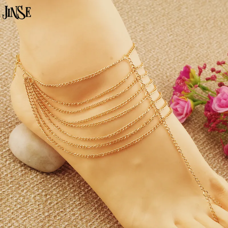 

JINSE AK009 New Designer Hot Selling Women Fashion Gold Multilayer Tassel Toe Ankle Anklet Chain Link Foot Jewelry