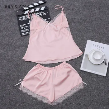 

JULY'S SONG Pink Sexy Pajamas Sleepwear For Women Sleeveless Strap Nightwear Lace Pajamas Set Sleep Lounge Top Pant Set For Lady