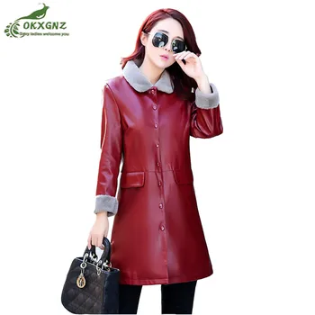 

Boutique New autumn and winter ladies jackets was thin cashmere thickened medium long PU leather jacket women's jacket OKXGNZ