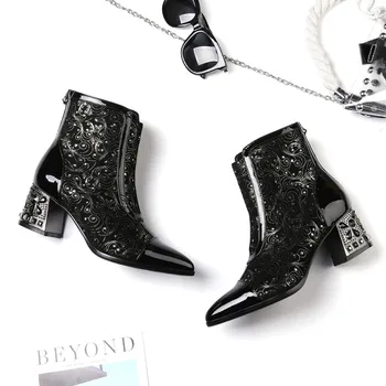 

GPOKHDS 2020 women ankle boots soft Cow leather zippers winter short plush crystal heel pointed toe high heels female boots