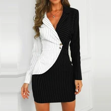 Sexy Office Lady V-neck Contrast Color Striped Insert Blazer Dress Women Spring Long Sleeve Turn-down Collar Mini Bodycon Dress Sexy Office Lady V-neck Contrast Color Striped Insert Blazer Dress Women Spring Long Sleeve Turn-down Collar Mini Bodycon Dress