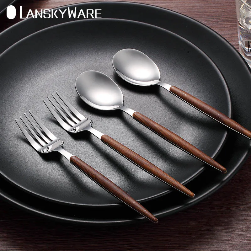

LANSKYWARE Dinner Fork Spoon 304 Stainless Steel Dessert Fruit Fork Soup Spoon With Plastic Handle Food Picks Kitchen Accessorie
