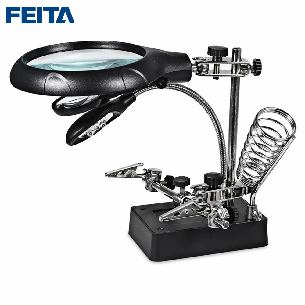 Feita estação de ampliação de solda 2.5x 7.5x 10x lupa de vidro com luz led ajustável braçadeira ferramenta de soldagem para ângulo adequado