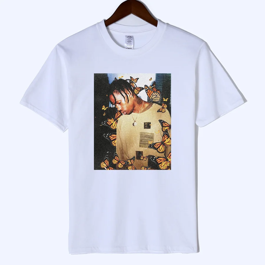 Трэвиса Скотта бабочка футболка эффект рэп музыкальный альбом Обложка значок печать мужская Astroworld лицо материал Топ футболка S-3XL