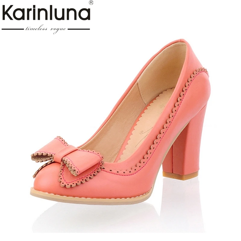 Acheter Karinluna Grande Taille 34 43 Femmes Pompes Doux Bowtie Chaussures Vintage Chunky Talons Fête De Mariage De Bal Chaussures femmes chaussures femme