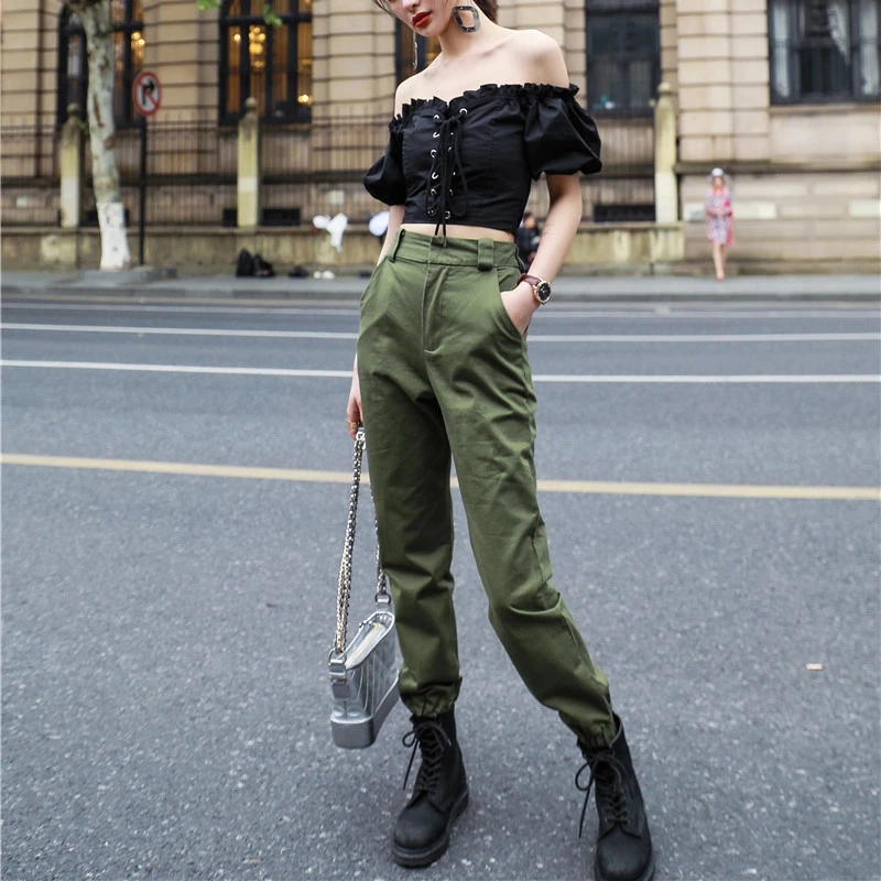 Черные камуфляжные штаны с высокой талией, женские брюки-Капри с цепочкой, женские камуфляжные брюки, корейская мода - Цвет: Армейский зеленый