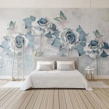 

Modern Wallpapers Blue Flower Butterfly Wall Paper Mural Living Room Bedroom Papel Parede 3D Self Adhesive Vinyl/Silk Wallpaper