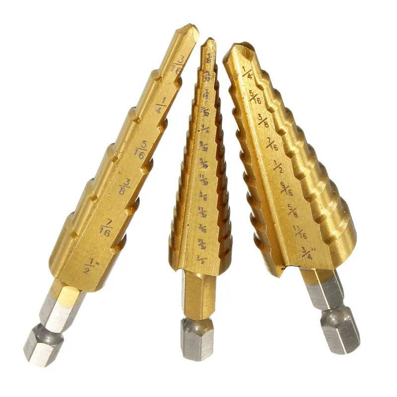 

3pcs HSS Steel Step HSS Spiral Grooved Cone Drill Titanium Bit Set Hole Cutter 1/4" in Pouch Bag