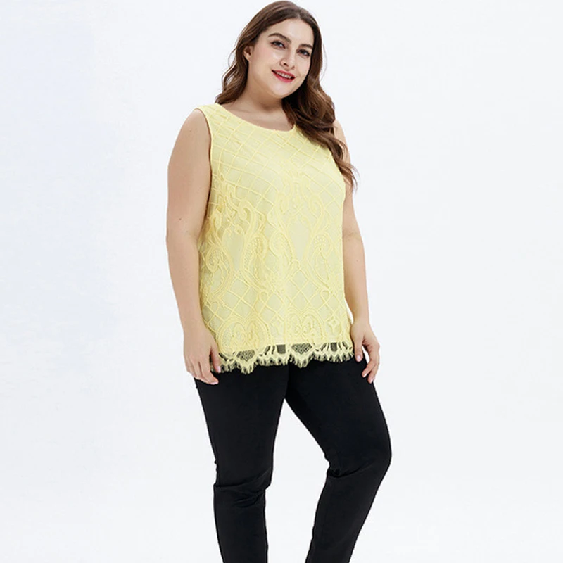 

Casual Yellow Blouse Sleeveless Lace Office Ladies Blusa Female O Neck Mesh Hollow Out Blouse Women Summer Streetwear Tops Shirt