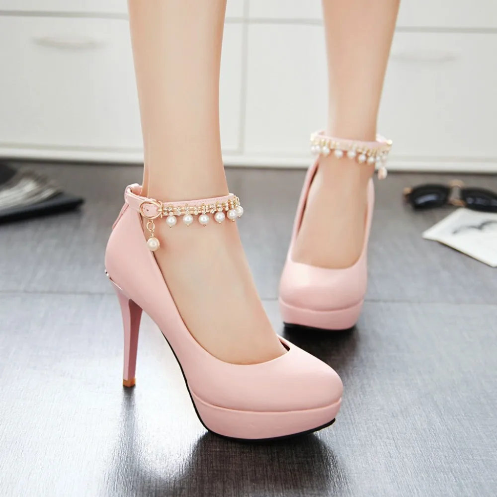 

2019 Spring/Autumn Party Shoes Women With Pearls Elegant Shoes Women Black Plus Size 34-43 Shallow Round Toe Buckle Strap Shoes