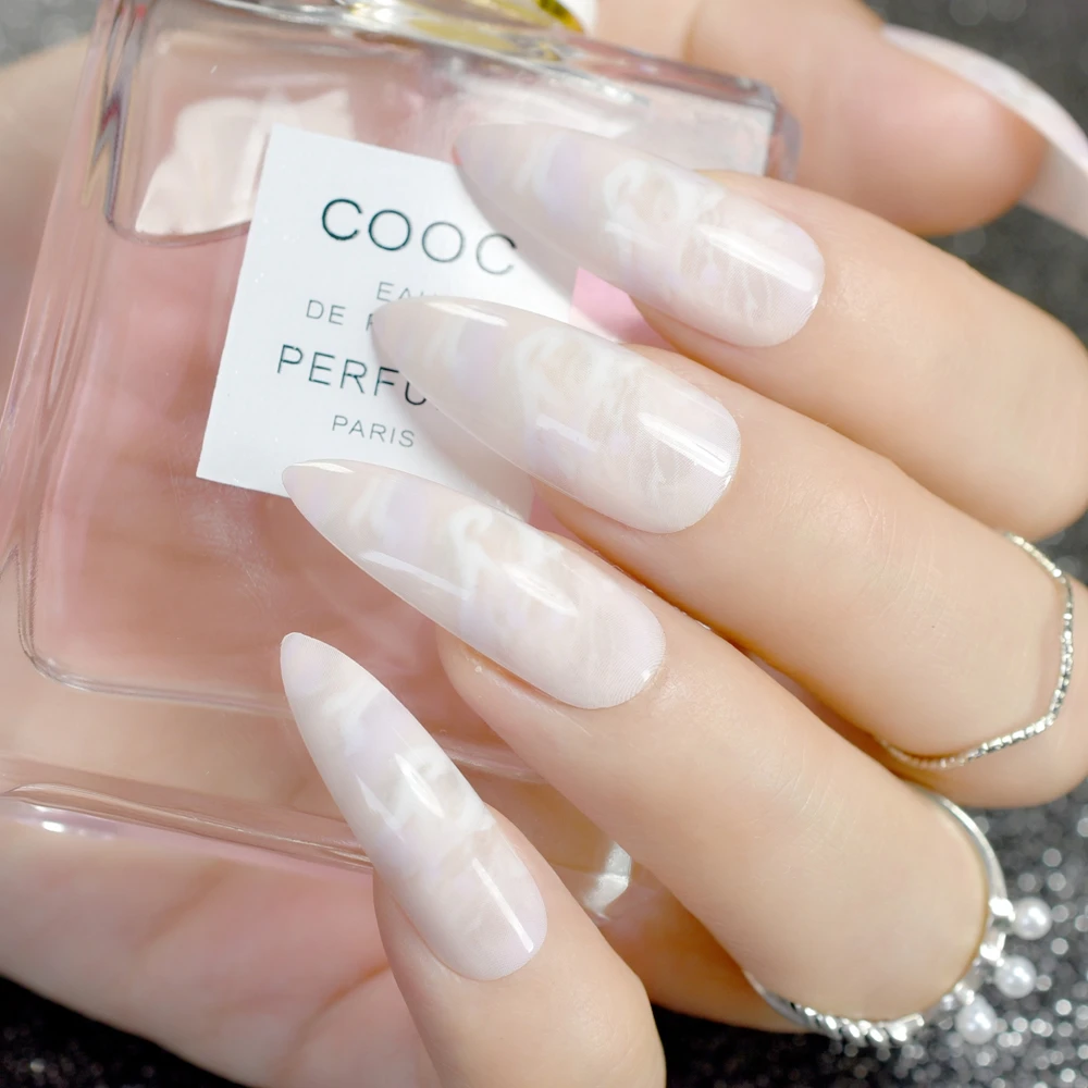 24pcs/kit Beige Stiletto Nails Extra Long Sharp Artificial Nail Art Tips for Decoration Marble