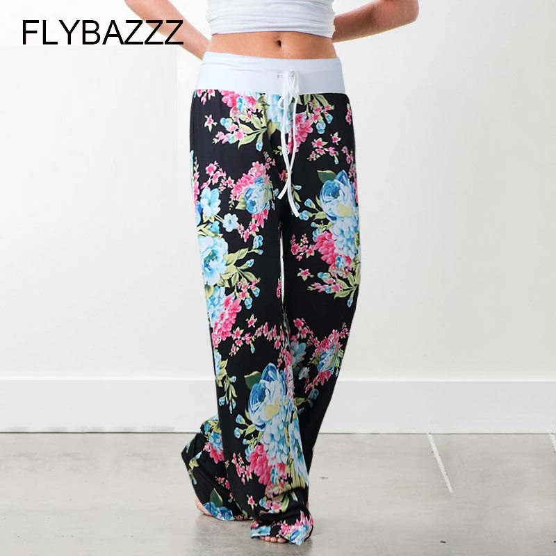 Women Print Boot Cut Pant High Waist Elastic Wide Leg Pants Lace