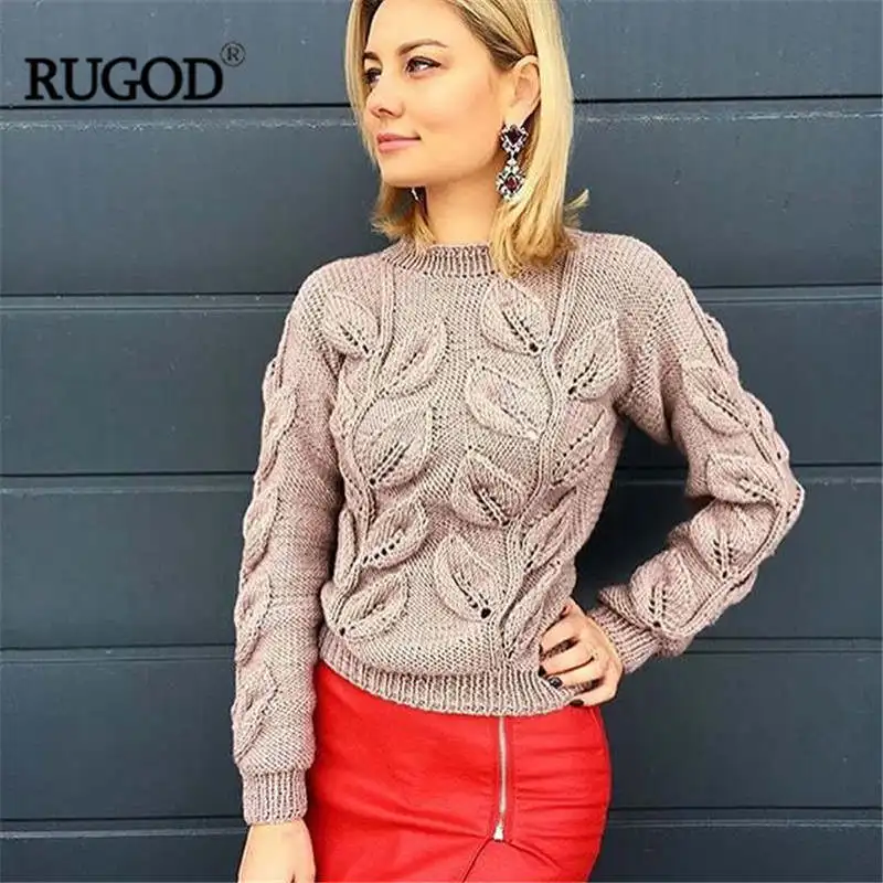 RUGOD осень зима теплый вязаный пуловер для женщин Элегантный узор листья вязаный свитер женский свитер Джемперы Befree - Цвет: Хаки