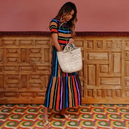 Fashion Women?s  Rainbow Striped Print Maxi Dress Cocktail Party Short Sleeve Holiday Sundress