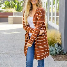 Элегантные Осенние Зимние однотонные женские вязаные топы с длинным рукавом и открытым передом в полоску, женские повседневные куртки, кардиганы, свитера