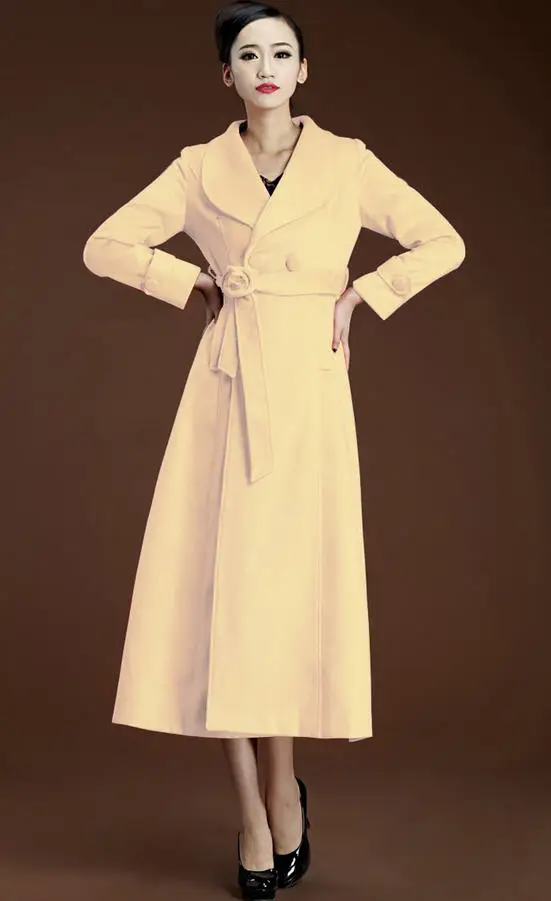 Европейский осень-зима Для женщин супер длинный обтягивающий кашемировый пальто женские элегантные шерстяные пальто, женская верхняя одежда, S-3XL D024 - Цвет: beige