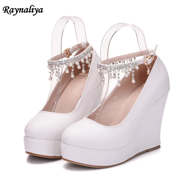 

Ladies Sweet Shoes Cute Princess Party High Heels Plus Size 33-42 White Rhinestone Buckle Fashion Wedges Shoes XY-B0074