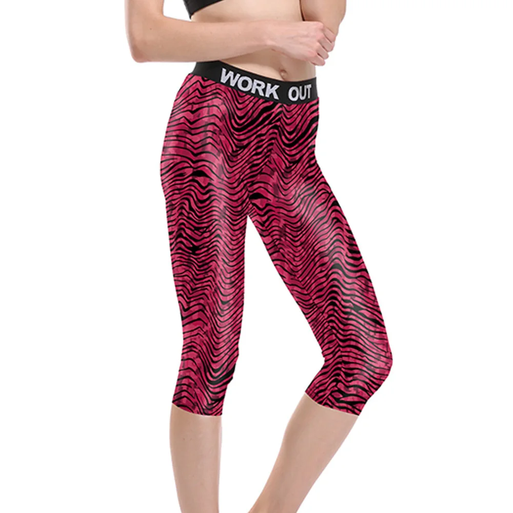 

JIGERJOGER 2018 new red wavy Zebra pattern Mid rise waist fitness Women's running exercise training compression Capris shorts