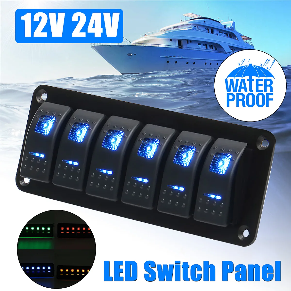 

12V 24V 6 Gang Dual LED Light Bar Caravan Marine Boat RV Rocker Switch Panel Universal Car Boat Switch Panel Lighter Socket