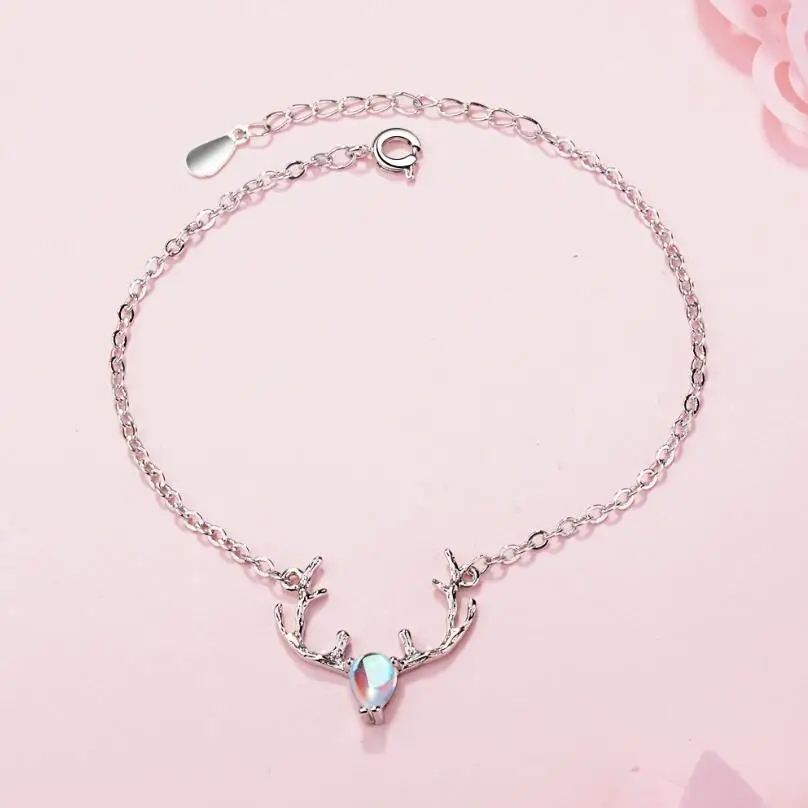 

New Hot Cute Elk Deer Moonstone Bracelets For Women 925 Sterling Silver Jewelry Party Girl's Bracelets Pulseras Bileklik SAB3