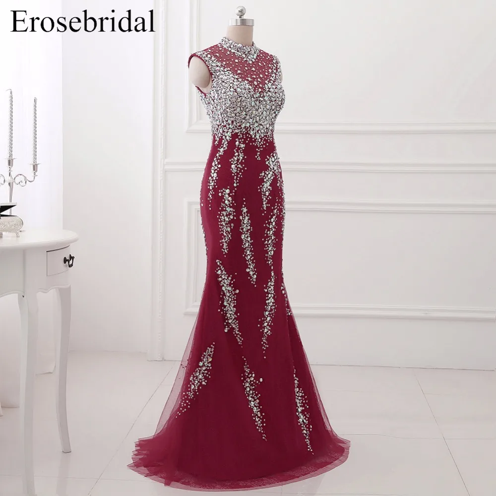 Erosebridal вечернее платье с высоким воротом, длинное роскошное длинное вечернее женское платье с бисером, вечерние платья на молнии сзади с маленьким шлейфом