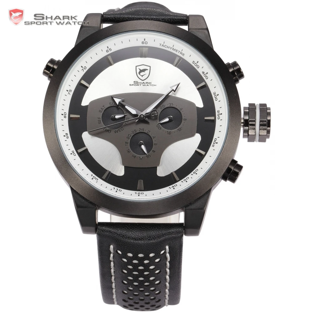 

Requiem Shark Sport Watch Men Calendar Dual Time Zone Black White Dial Date Day Display Leather Band Quartz Watches Gift / SH209