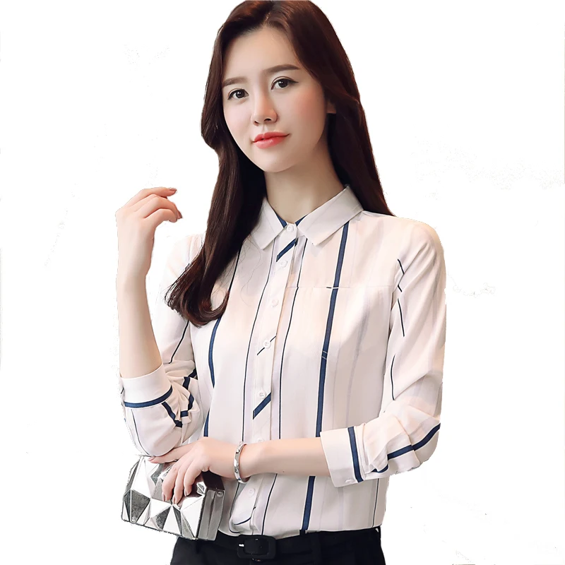 

Womens Tops and Blouses Chiffon Blouse Striped Shirt Ladies Casual Shirt Autumn New Fashion Long Sleeved Office Wear Shirts