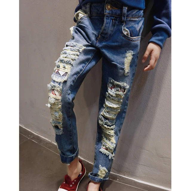 2016 Дети Мальчики Девочки Джинсы брюки осень моды дизайнерские джинсы мальчик девочка джинсовые брюки повседневная рваные джинсы для девочек мальчиков 2 ~ 7yrs